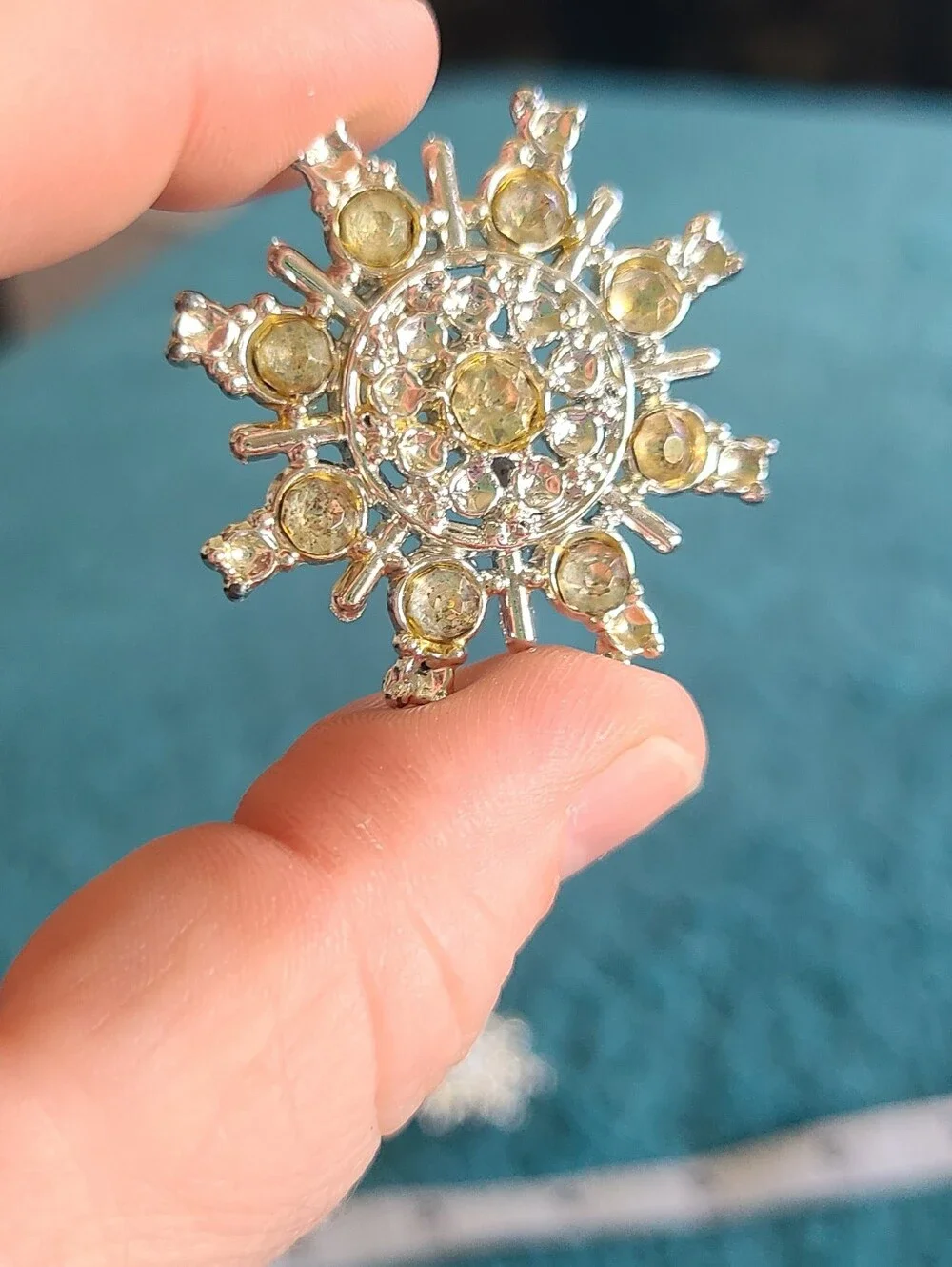 Pair Of Vintage Silver-Tone Brooches with Crystal Snowflake Design